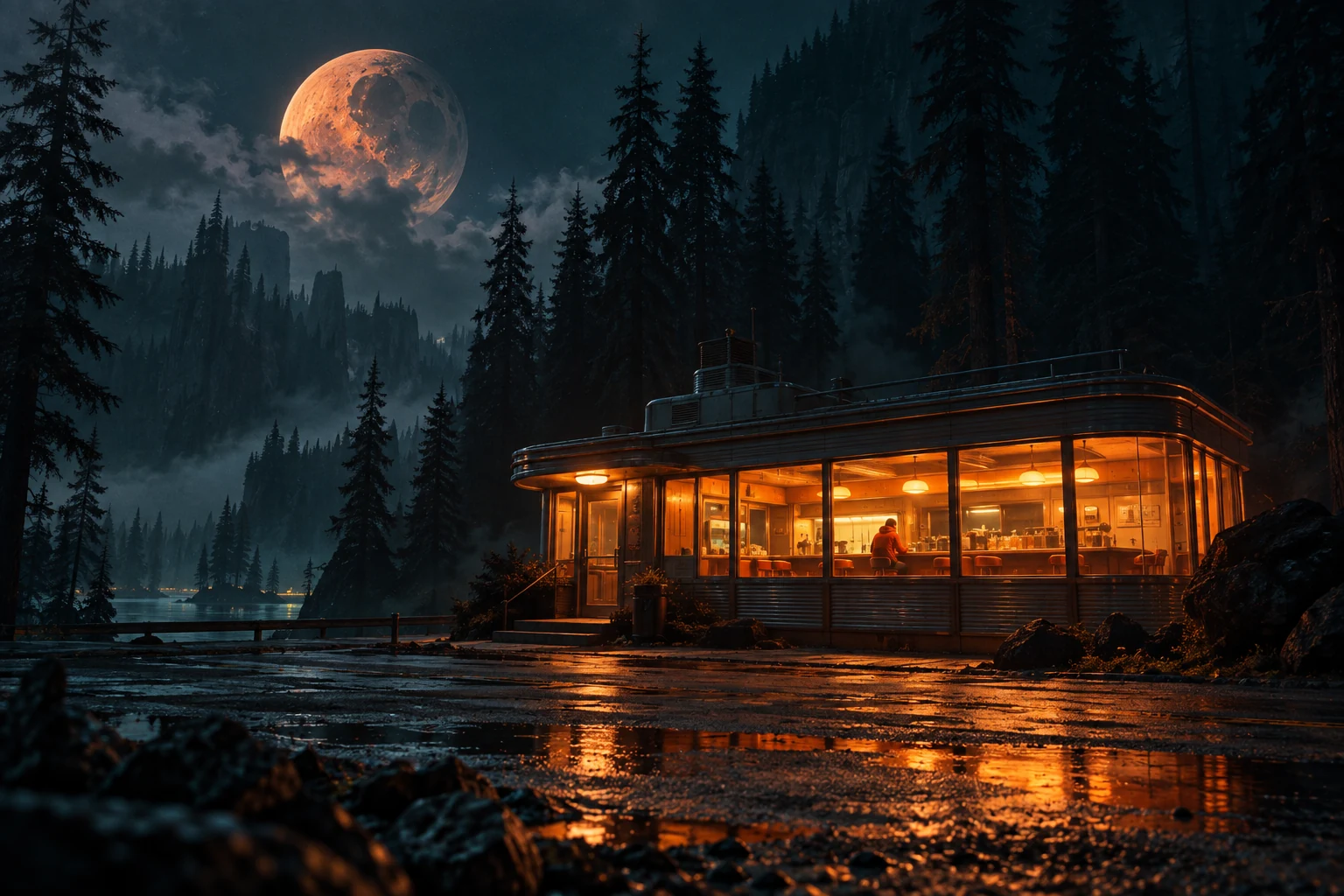 A glowing midnight diner beneath a strange moon: artwork from the Oddsignal Studios concept